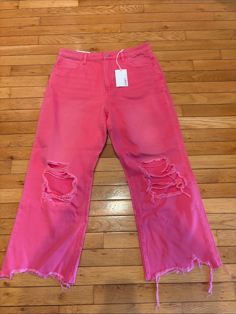 Women's Pink Distressed Wide-Leg Jeans